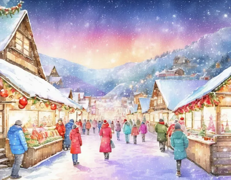 Watercolor Style, color lead,
traditional media, Santa Claus Village , Square,  Christmas Markets, Colorful food stalls, people々, family, Fun in the snow , Happy smile,  illuminations