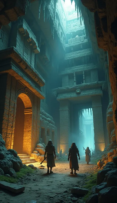 A conceptual image of a vast underground world filled with undiscovered artifacts like ancient doors, tools, and forgotten structures.