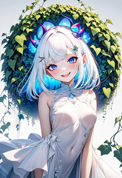 from below, cool beauty elf (look like imp and evil woman), looking down on, amorous and lewd expression, yandere, evil smile, grin, lewd smile, huge mouth, captivating large round eyes, iridescent pure white shiny silky bob cut, blunt bangs, thin flat sle...