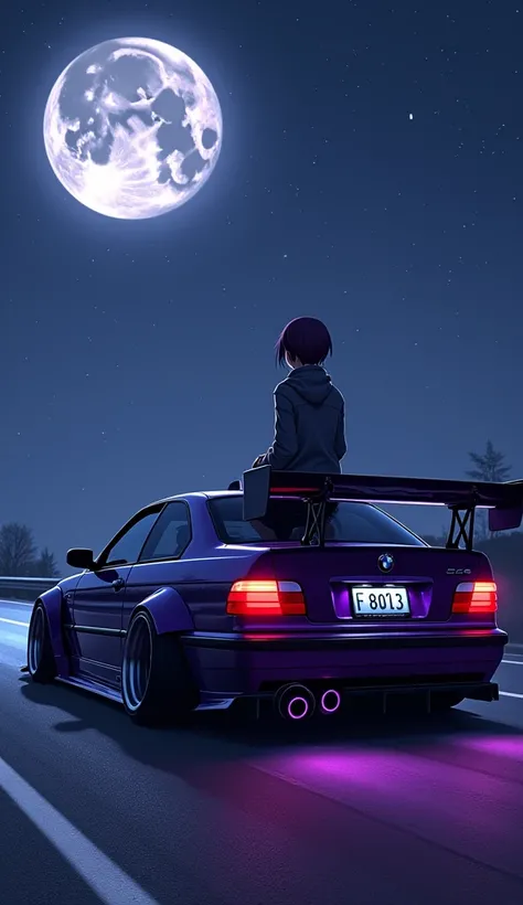 Bmw e36 fully sports modefied wide body detailed body kit dark purple standing on the side of the road anime guy sitting on the top of the car watching to the moon night time shine moon shine stars dark night dark asthetic weather purple light underneath t...