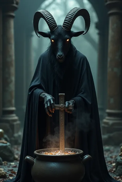 Black goat with a black cape stirring a cauldron with an inverted cross 