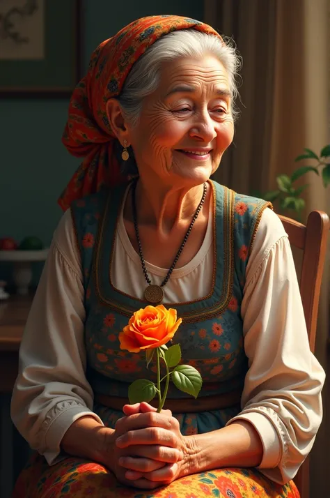 "Create a highly detailed, realistic digital painting of an elderly woman with a warm smile, wearing a traditional floral headscarf. She is sitting peacefully, her hands gently folded in her lap, holding a delicate orange rose. Her attire includes a patter...