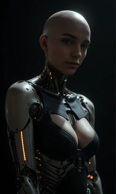 score_9, score_8_up, score_7_up, score_6_up, photo, realism, photorealistic, cowboy shoot, cyborg, bionic, mechanical implants, bald, cleavage, exoskeleton, looking at viewer, dark, dark light, black background, backlight, neon glow, depth of field, bokeh