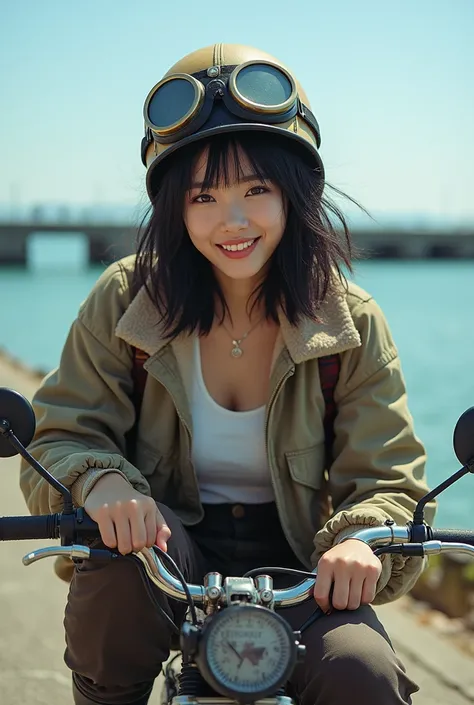 1 Japanese beauty ,  high definition ,  smiles, Messy black hair, shortcuts,  ride fishing tackle on a moped　 helmet 　Vintage goggles 　 flight jacket 　Thermal pants　 boots　sea　Breakwater　 pop art