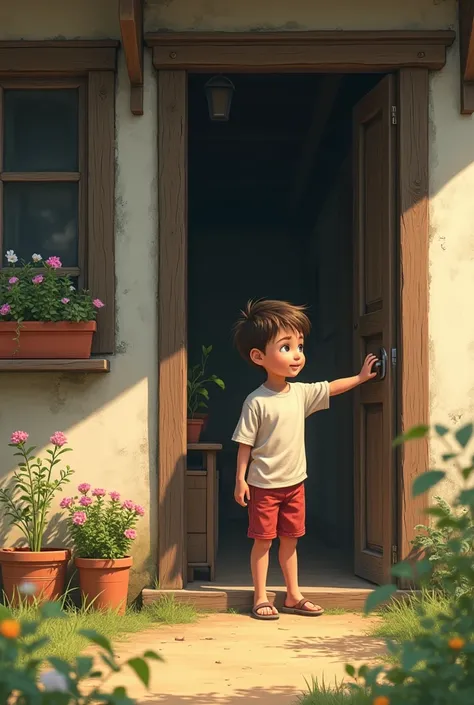 The boy standing in front of a modest rural house, knocking gently on a wooden door with a hopeful expression. The house has a simple but cozy design with flower pots by the window.