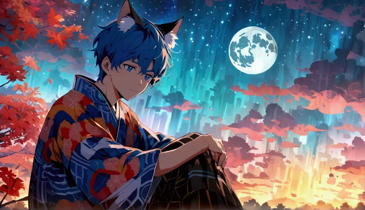 This image depicts a character in anime style, with a starry sky and moon in the background. The male character has blue hair and cat ears, wears a kimono with interesting patterns and colors, sits hugging his knees.