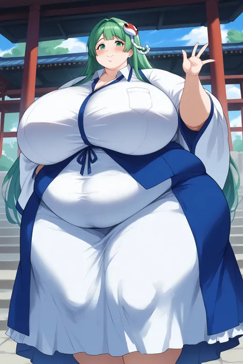 Sanae Kochiya, sanae kochiya,  long hair,  green hair,  green eyes,  Hair Tube, Snake hair ornament, collared shirt,  white shirt,  Detached Sleeves,  wide sleeve over mouth,  blue skirt,  ruffle skirt,  score_9,   score_8_up,   score_7_up,   score_6_up,  ...