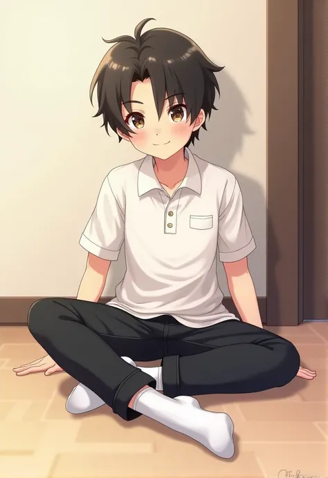 A cute shy teenage boy is sitting on the carpet in a white polo, thin black tricks, white socks, his hands are on
the floor, with his legs spread out in different directions,
sparkling eyes, raised eyebrows, light cute smile, anime