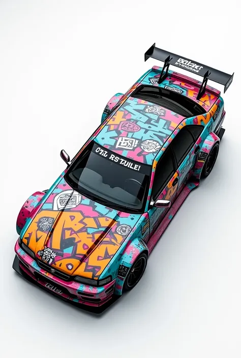 Image of a modified Toyota Chaser JZX100 taken from above, covered in graffiti, taken on a completely white background