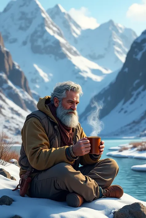 create pic a men in mountains with cup of tea