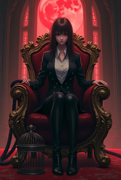 Woman with medium hair, brown eyes, with a cold and dominant look, but with a touch of sadness and a smile that reflects madness but almost imperceptible, in a dark suit, sitting on a wooden throne encrusted with gold, holding a thick whip with tall boots ...