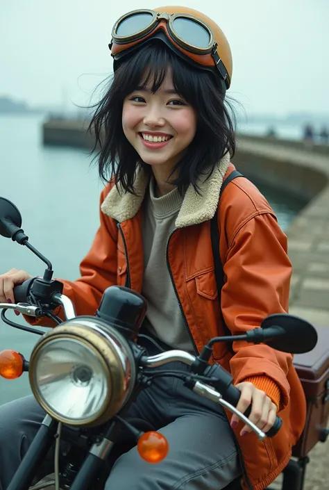 1 Japanese beauty ,  high definition ,  smiles, Messy black hair, shortcuts,  ride fishing tackle on a moped　 helmet 　Vintage goggles 　 flight jacket 　Thermal pants　 boots　sea　Breakwater　 pop art