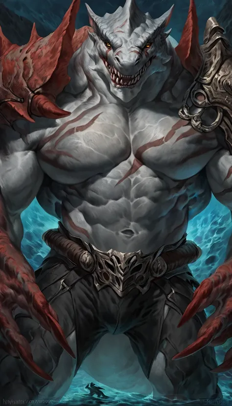 Muscular anthro shark, solo, monster, strong, scars on body, 1male solo, demonic armor, symbiote, muscular, small waist, thick tail, thick scales on the shoulders, marked detailed jaws, open jaws big pecs, pants, full body, comicbook style, best quality, 4...