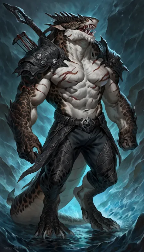 Muscular anthro shark, solo, monster, strong, scars on body, 1male solo, demonic armor, symbiote, muscular, small waist, thick tail, thick scales on the shoulders, marked detailed jaws, open jaws big pecs, pants, full body, comicbook style, best quality, 4...