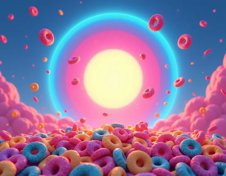 The image features a bright, dynamic background with a split gradient of blue and pink tones. A circular glowing element in the center adds depth, while colorful cereal pieces, resembling fruit loops, float in the foreground. The overall aesthetic is vibra...