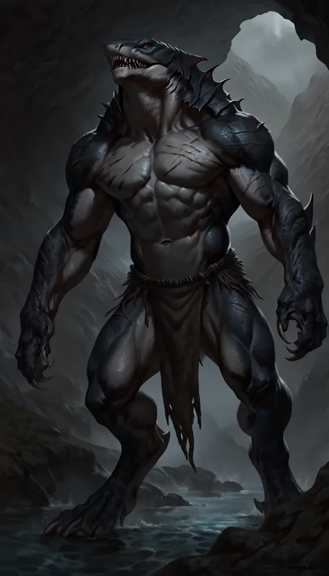 sharkfolk, anthro shark, solo, portrait, scaly, detailed skin, experienced predator, monstrous, shark snout, sharp fins, dark detailed body, matte body, toned, muscular anthro, big muscles, masculine, scars on body, 1male solo, anthro, muscular, thick neck...