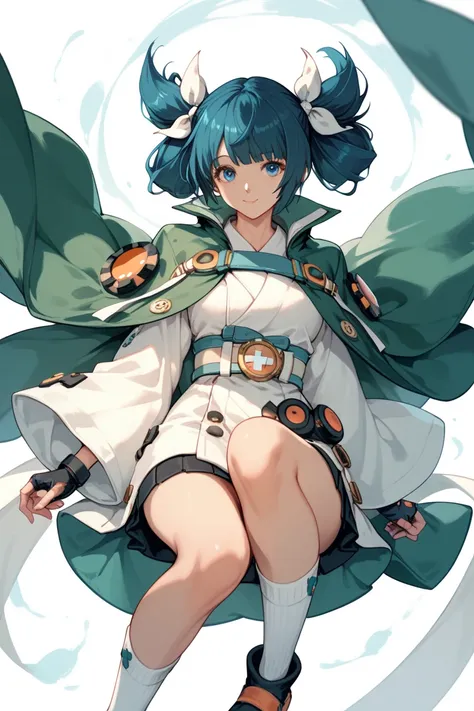  Guilty Gear，woman，White ribbon on the back ， black and white are double hair， short hair ， blue eyes， cute， cool， White Kimono ，Green Cape， cool belt ，Long socks，