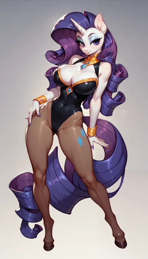 score_9, score_8_up, score_7_up, Rarity, mlp, anthro, 1girl, purple eyes, solo, curly top hair with curly hair strands on the side, tight body suit pantyhose, large breasts, cleavage, jewellery, 1girl, solo, full body, hooves