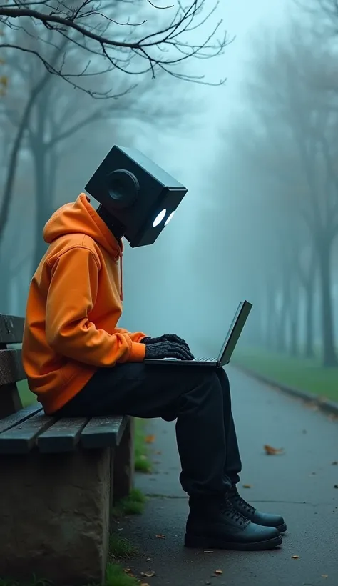 In a foggy park, a robot figure with a box-shaped head and glowing eyes sits on a stone bench, wearing a bright orange hoodie and black pants, typing on a laptop. The atmosphere is moody and surreal, blending technology and urban life. Capture the essence ...