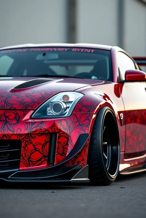  A big one  ,   brands Nissan   , 350 Z   , (350 Z  ) ,   with aggressive bodykit   ,  on the floor  ,  wing car   ,    and a hentay-like design like Paint .  Anime paint design  , and the peak   ,  ( red glass  ) ,  red windows  