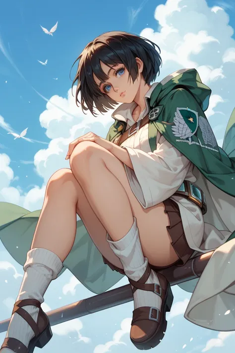  Guilty Gear＆ ATTACK ON TITAN ，woman， white ribbon，Black Hair， short hair ， blue eyes， cute， cool， White Kimono ，Green Cape， cool belt ，Long socks，