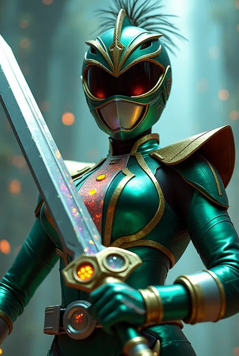 **Prompt para imagem:**  

 Create an image of a Power Ranger inspired by the surrounding peacock ,  effect captured in a dynamic and powerful pose .  The Ranger has LED viewing eyes that shine with intense light ,  reflecting the vibrant colors of the pea...