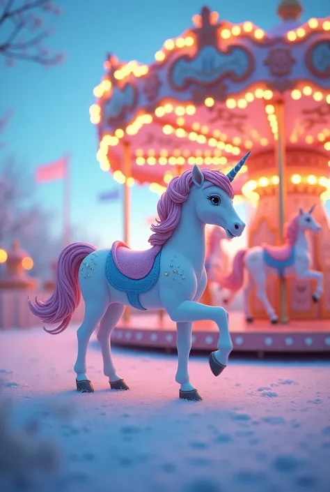 sugar　PONY　CAROUSEL、Light blue and white、Light pink as the base、American comic book style、 imaginary、At dusk、merry-go-round lights