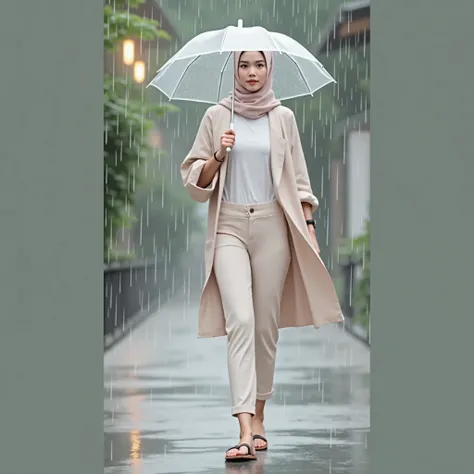  Image A beautiful young woman with a distinctive Asian face , Clean white skin,  similar to the look of a young Korean girl  , wearing a neat stylish hijab ,  wearing a white T-shirt long hand leggings ,  wears flip-flops and walks with her smile in a big...