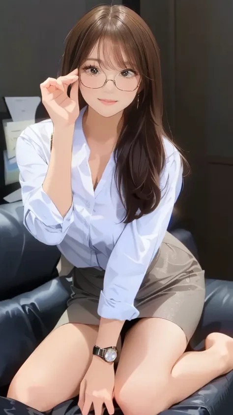  Extremely Detailed Images 、Close up of a womans watch sitting on a sofa,  Glasses、 businesswoman, beautiful south  Korean woman ,  Korean woman ,  There is only 1 white BMW ,  charming pose, My Anh Tran, Office Wear,  casual pose without hair bow,  poses ...