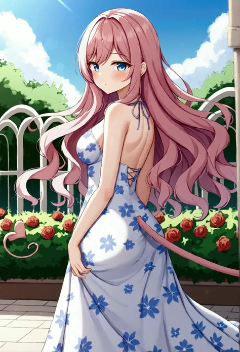  girl、Grown-up、 smiles、Pink Hair Color、 long hair、Wavy Hair、 side tail、 floral dress、Western-style garden