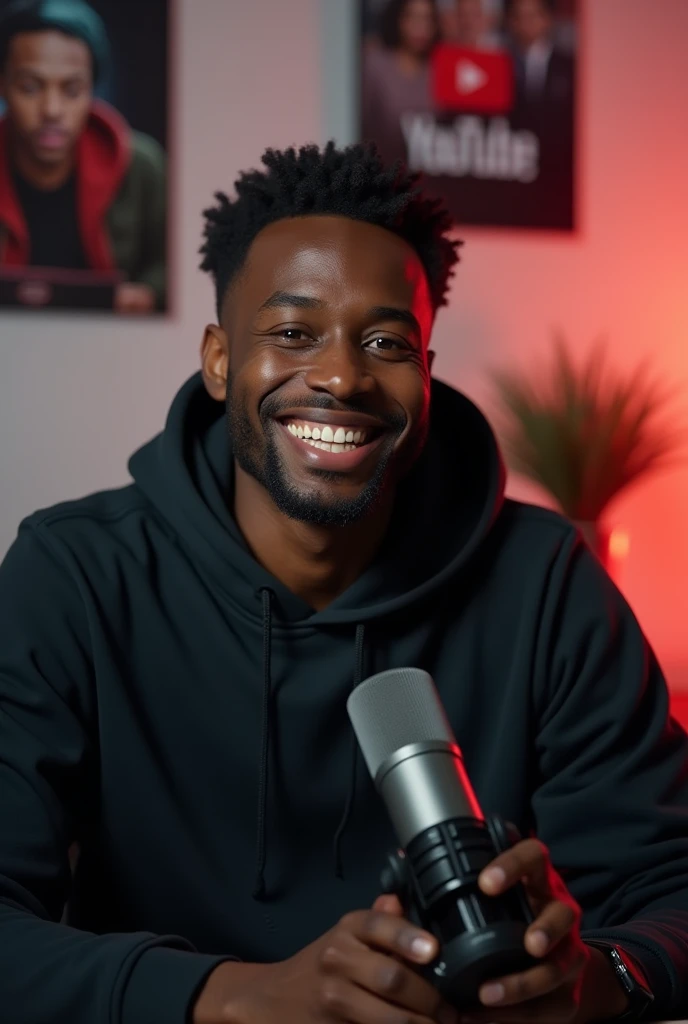 realistic
who have a  looking like a young african man facing in front  he is a  YouTube content creator, sitting in his studio with gadgets, and there is mic near him ,wearing black hoodie, smiling, and there is 2 posters of youtube in his room"
and Hangi...