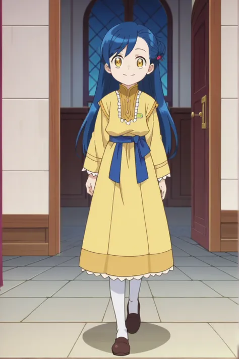 score_9, score_8_up, score_7_up, anime screencap,source_anime, anime coloring,anime screencap, consistent background, 1girl, myne, blue hair, yellow eyes, solo, long hair, closed mouth, hair bun, hair ornament, smile, indoors, castle,walking 