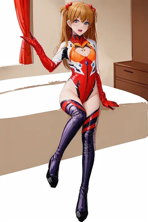 (( top quality)), ((masterpiece)), (be familiar with),  perfect face, indoor, bedroom,  watching viewers,
One woman,  Soryu Asuka Langley,
 open mouth,  with an ecstatic expression , blush, smile,
 small tits,  flat chested, Young girl, Lori,  s,  girl,
 l...