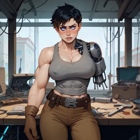 Young woman, solo, short hair, black hair, tomboy, athletic, buff, big arms, chunky, heavy, glowing blue eyes, pale skin, large breasts, (nipple outline:0.7), wide hips, muscular, gray tank top, blushing, embarrassed, baggy cargo trousers, tool belt, brown...