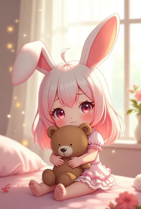 a cute anime bunny girl with a pinky and white hair holding a teddy bear