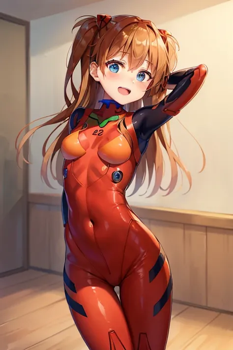 (( top quality)), ((masterpiece)), (be familiar with),  perfect face, indoor, bedroom,  watching viewers,
One woman,  Soryu Asuka Langley,
 open mouth,  with an ecstatic expression , blush, smile,
 small tits,  flat chested, Young girl, Lori,  s,  girl,
 l...