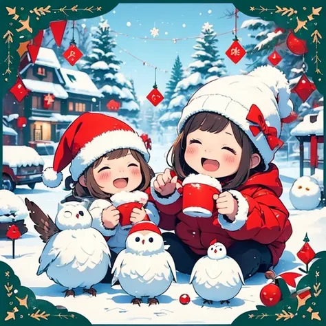   masterpiece  、 christmas illustration，Christmas Winter Scenery 、Two girls personify baby owls 、  body 、Chibi、    catches an owls ears and tail 、snowball fight  ,  happy expression