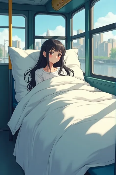 High school girl on a bus in a big white bed 