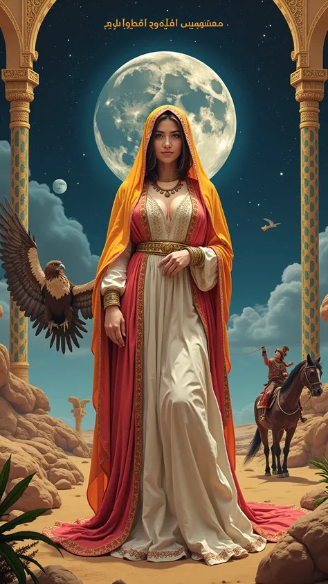 Create a surreal very realistic high details masterpiece capturing the essence of the New Moon in Scorpio. The scene should be a hand-drawn marvel with 32k resolution, featuring a full-body figure of an Arabian modest, cute woman standing realistic details...