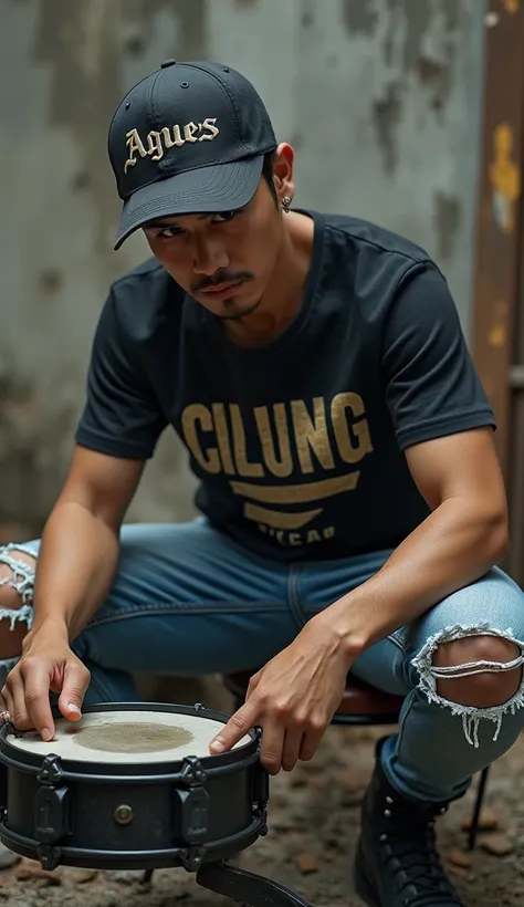 ((masterpiece)),((best quality)),((high detail)),((realistic,)) Indonesian man with a handsome face, short hair, ripped jeans, baseball cap that says Agues, boots, black t-shirt that says CILUNG, playing Metal drummer, in the ruins of a building, his face ...