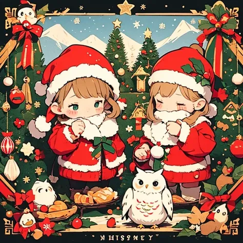   masterpiece  、 christmas illustration，Christmas Winter Scenery 、Two girls personify baby owls 、  body 、Chibi、    catches an owls ears and tail 、Christmas food   ,  happy expression