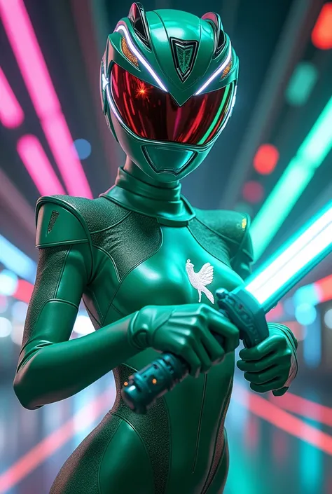 **Prompt para imagem:**  

 Create the image of a Power Ranger inspired by the hummingbird ,  with a futuristic and dynamic design .  She wears a feminine outfit ,  elegant and functional ,  in the animals vibrant colors :  shades of green and emerald blue...