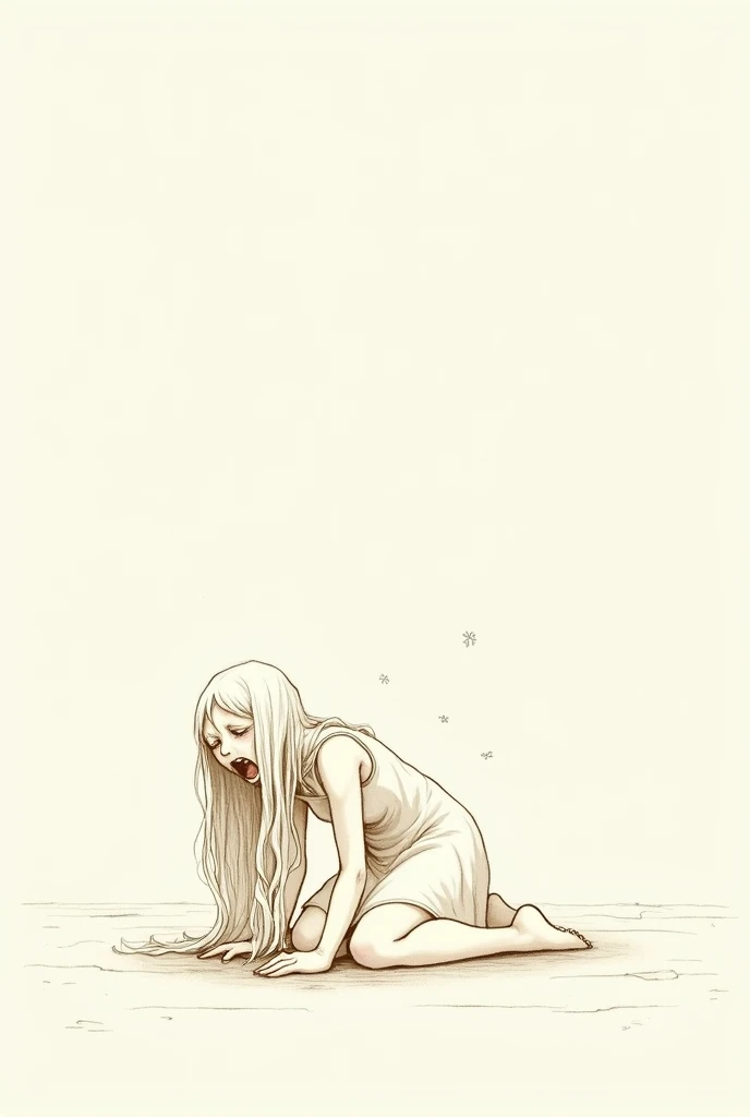 A girl  on her knees crying loudly,simple drawing , long hair , full dress, milk colour
