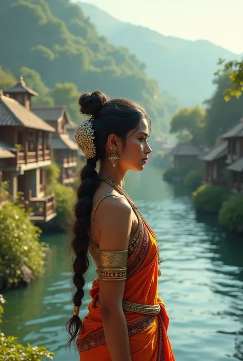 A very beautiful girl is standing near the river  in village high quality graphics background high old Hindu culture  high quality 