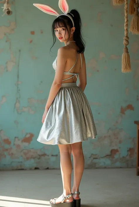 Asian teenager wearing a silver  ,  skirt has bunny ears and platform sandals, realista, culona, mostrando el derrier