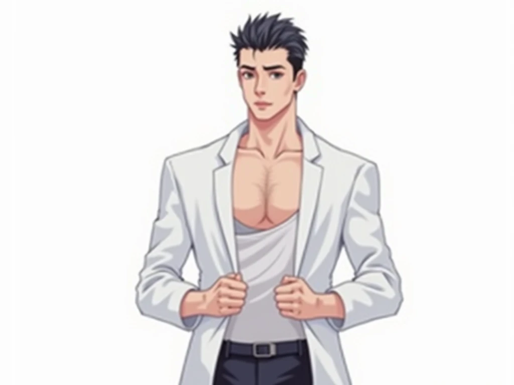  A man wearing a white jacket 、 with white underwear and dark pants， holding arms ， lean your body slightly forward ，Head slightly tilted to the right ， with a slight curve around the mouth ，Sharp eyes，Look straight ahead，With a neat hairstyle， showing cal...