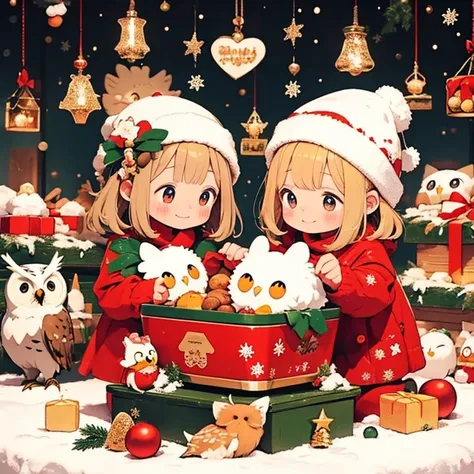  masterpiece， christmas illustration， Christmas Winter Scenery 、 two girls，Baby Owl ，Personification 、  body 、Chibi、    Owl Ears and Tails、Christmas food   ,  happy expression