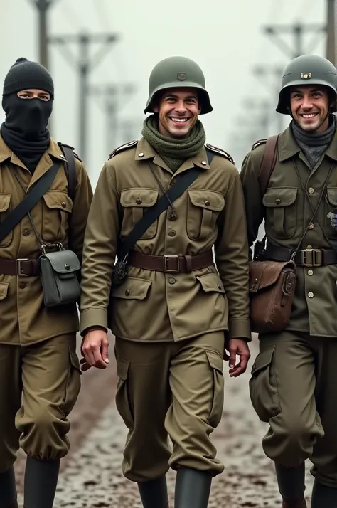 A ww2 American soldier is walking alongside a British soldier with a brodie helmet and a cheerful german soldier with a m1918 helmet. The American soldier has a balaclava covering his face and the British soldier has a scarf to cover his mouth and nose and...