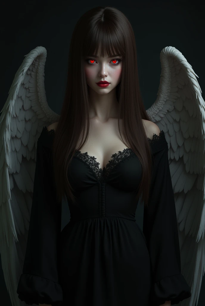 A female vampire on an empty background, really dark. She has really red deep eyes, brownish long hair, she has angel wings, really sharp teeth and a title over it that says "bright dark" on white lyrics. Theres no light in the room. She has really soft fe...