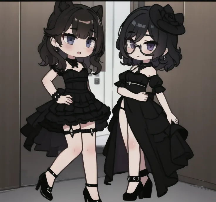 1 girl, short fibers, Curly hair, black dress, fitting dress, Short dress, High heel shoes, sexy poses , every pose character sheet 